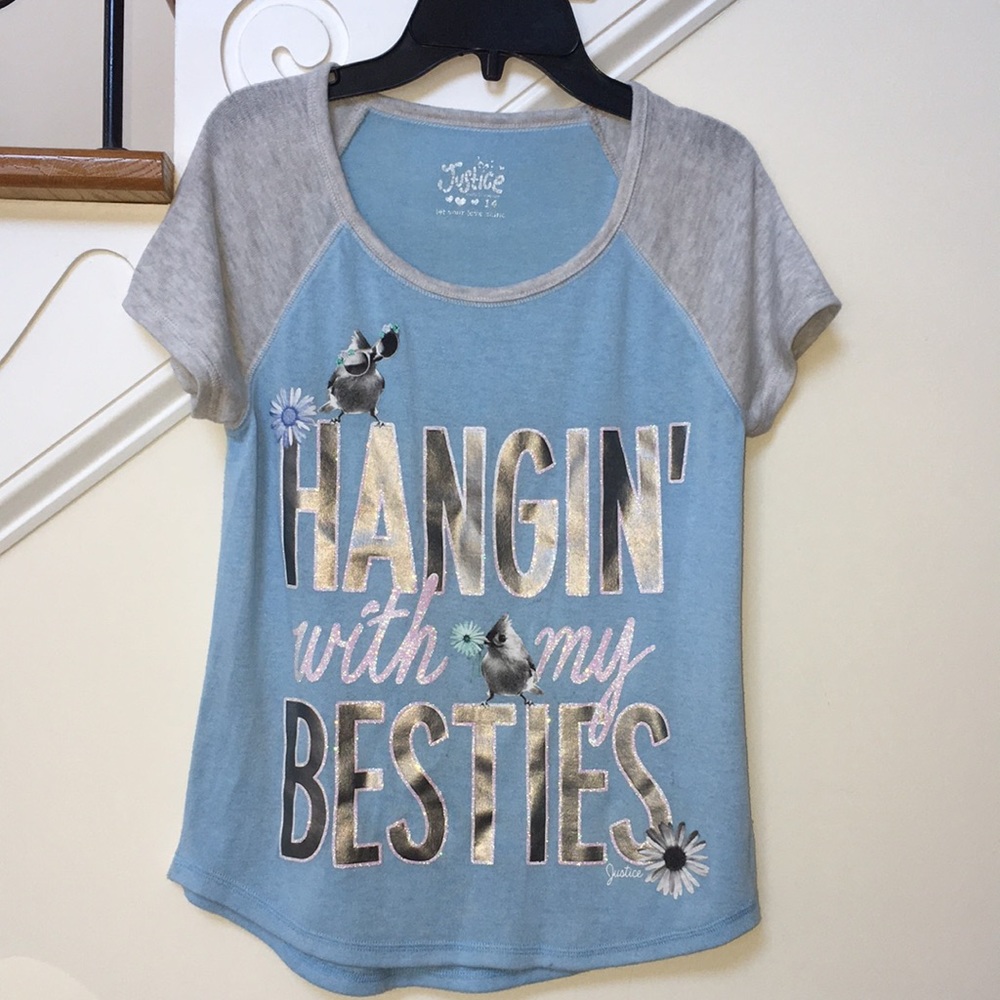 Justice Girls Top Size 14 Blue Short Sleeves Graphic Hangin' with my Besties Tee